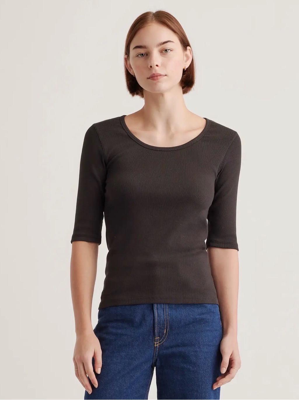 Organic Cotton Micro-Rib Elbow Sleeve Tee - Black - Xs